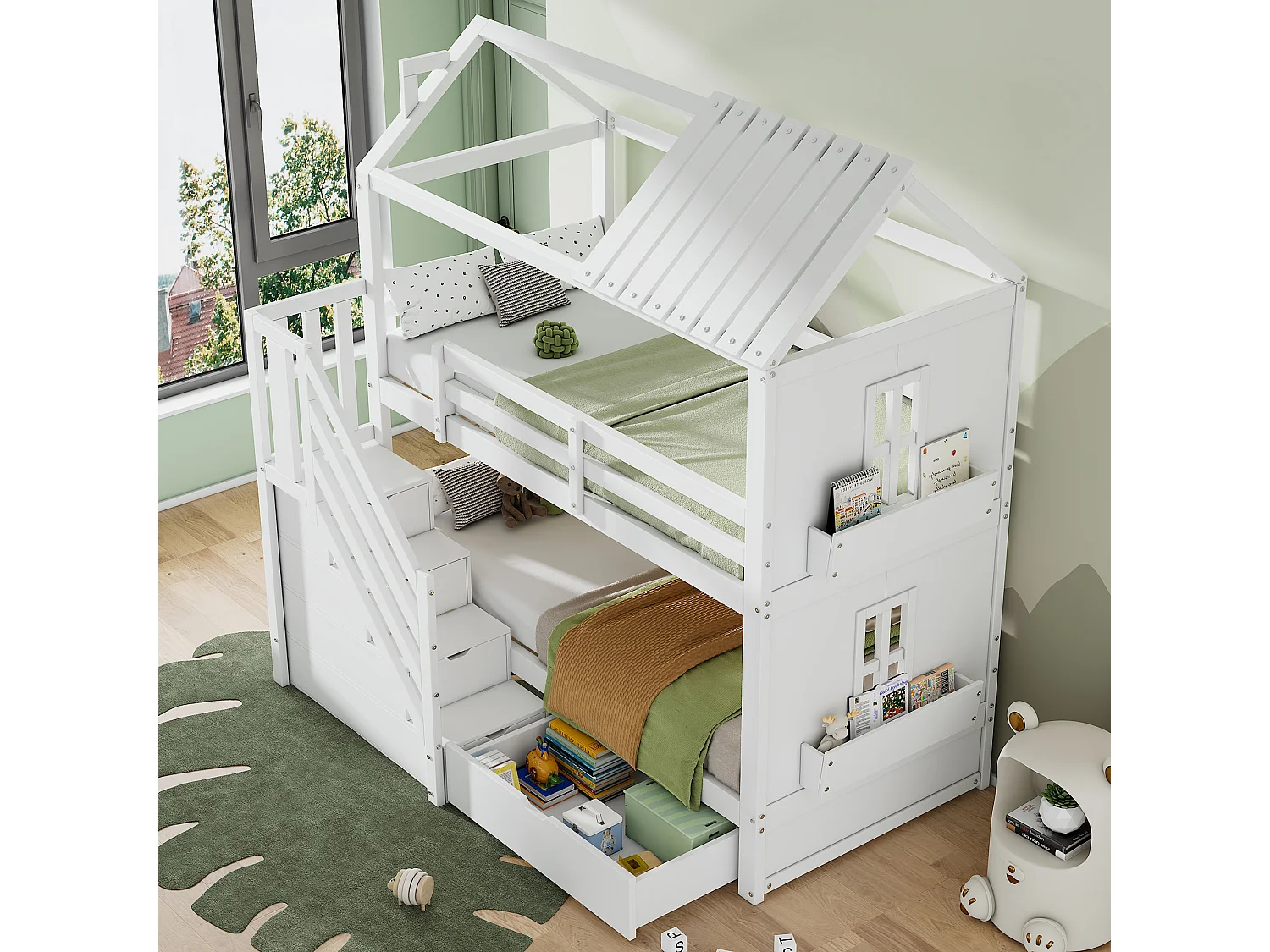 Lits superposés 2 x 90 x 200 cm avec escaliers de rangement & tiroirs & étagères -  pin + MDF - blanc (sans matelas)