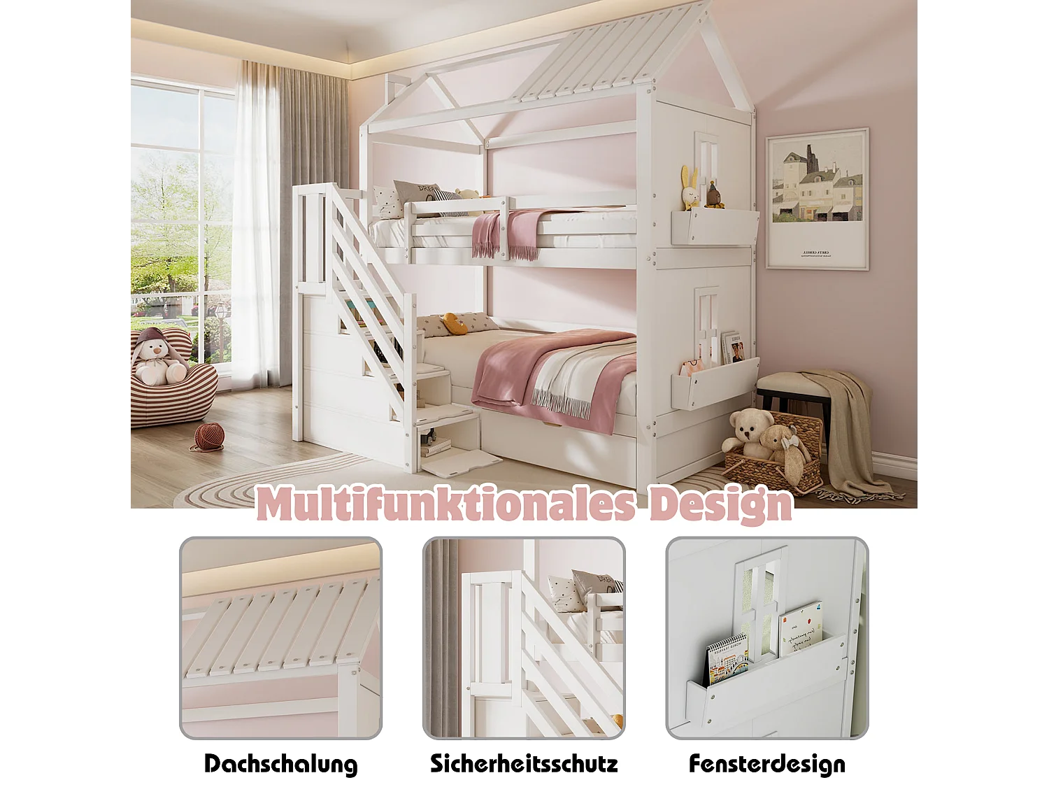 Beliche 2 x 90 x 200 cm com escadas de armazenamento, gavetas e prateleiras - pinho + MDF - branco (sem colchão)