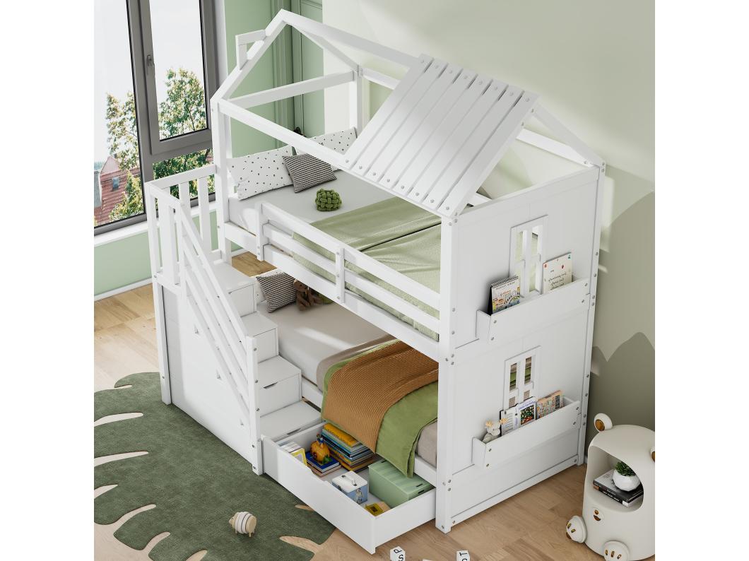 Beliche 2 x 90 x 200 cm com escadas de armazenamento, gavetas e prateleiras - pinho + MDF - branco (sem colchão)