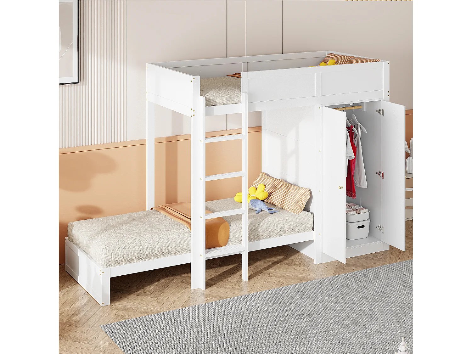 Lits superposés 2 x 90 x 200 cm avec armoire et échelle - pin + MDF - blanc (sans matelas)