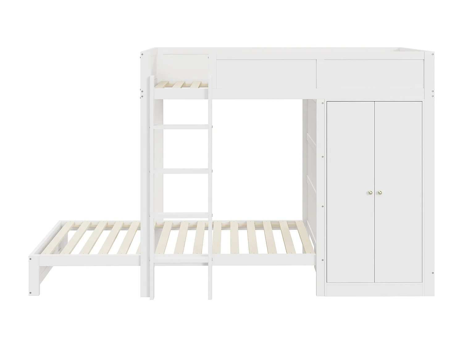 Lits superposés 2 x 90 x 200 cm avec armoire et échelle - pin + MDF - blanc (sans matelas)