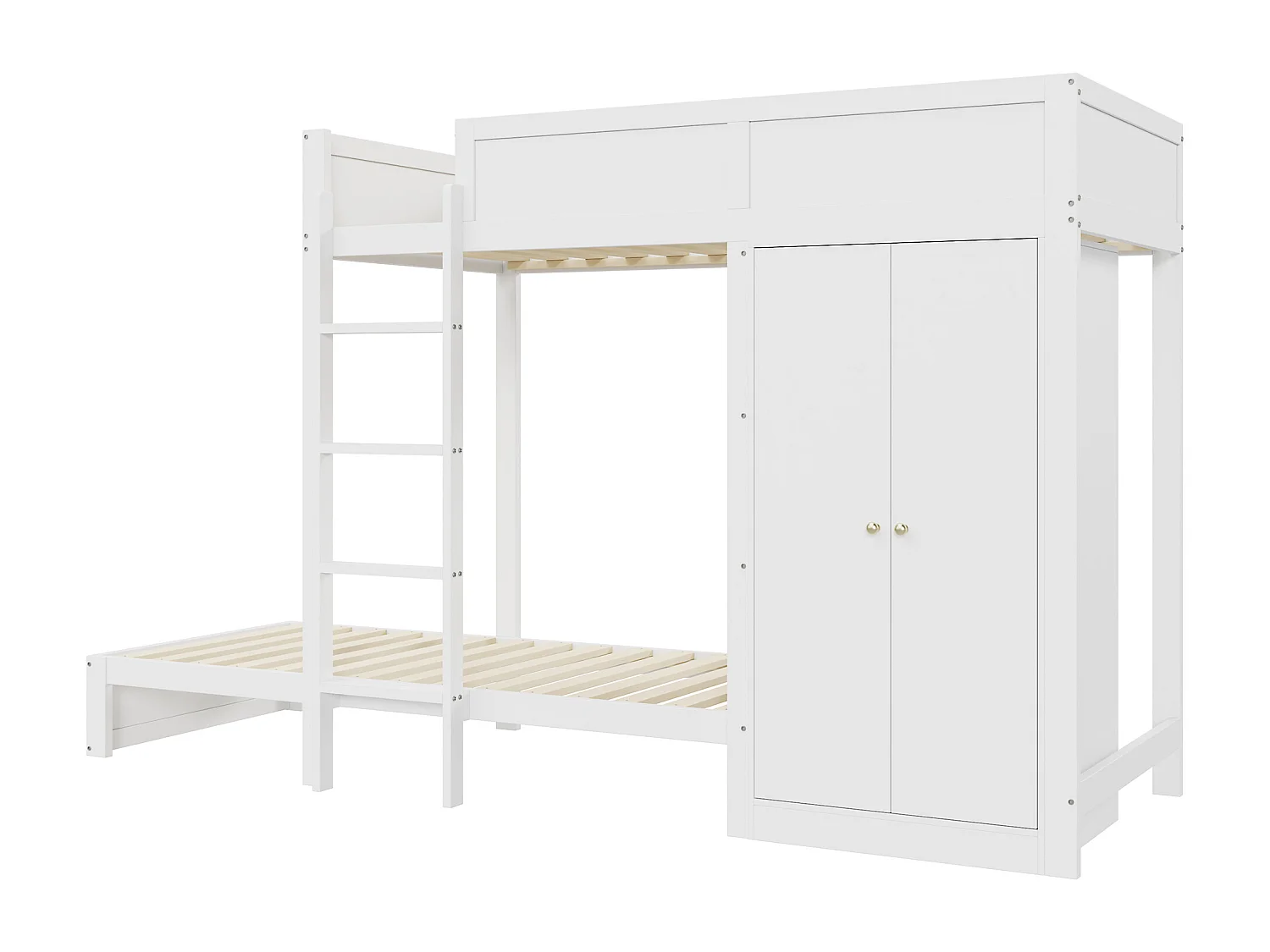 Lits superposés 2 x 90 x 200 cm avec armoire et échelle - pin + MDF - blanc (sans matelas)