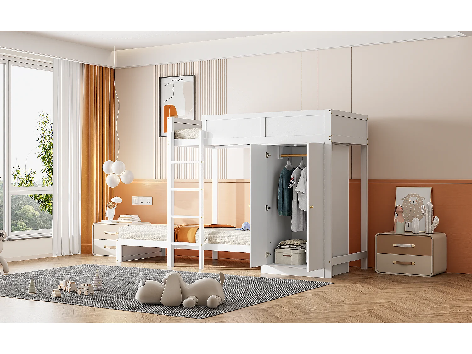Lits superposés 2 x 90 x 200 cm avec armoire et échelle - pin + MDF - blanc (sans matelas)