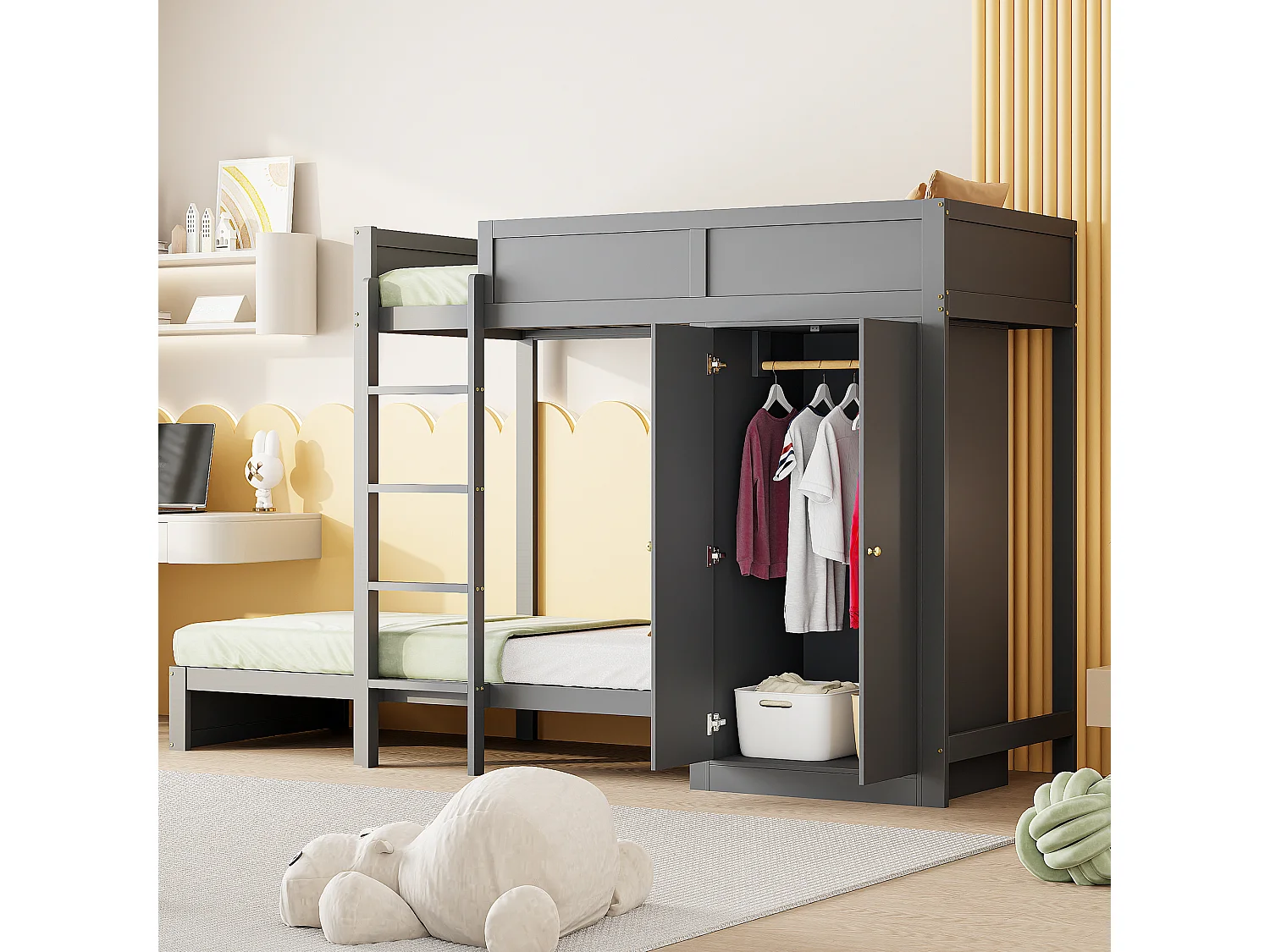 Lits superposés 2 x 90 x 200 cm avec armoire et échelle - pin + MDF - gris (sans matelas)