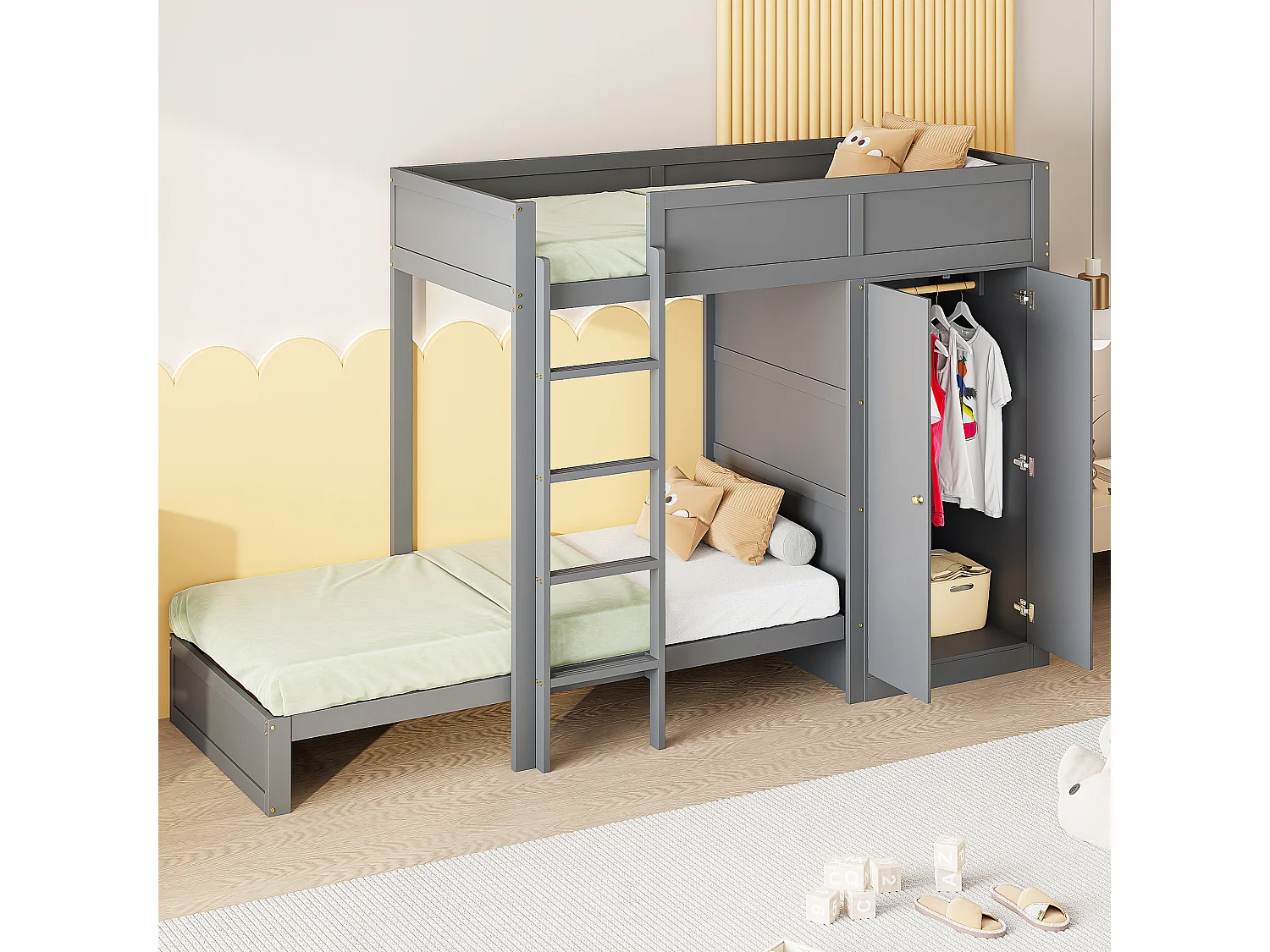 Lits superposés 2 x 90 x 200 cm avec armoire et échelle - pin + MDF - gris (sans matelas)