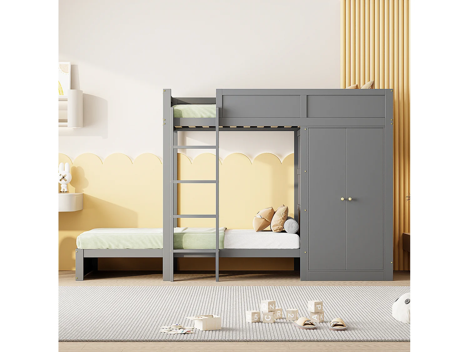 Lits superposés 2 x 90 x 200 cm avec armoire et échelle - pin + MDF - gris (sans matelas)