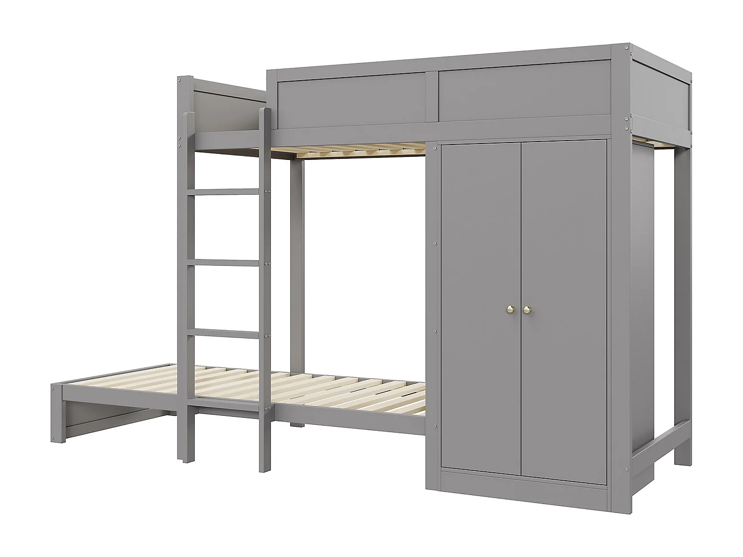 Lits superposés 2 x 90 x 200 cm avec armoire et échelle - pin + MDF - gris (sans matelas)