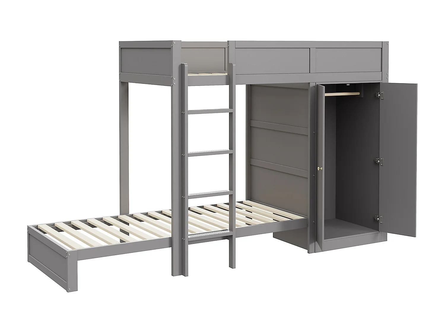 Lits superposés 2 x 90 x 200 cm avec armoire et échelle - pin + MDF - gris (sans matelas)