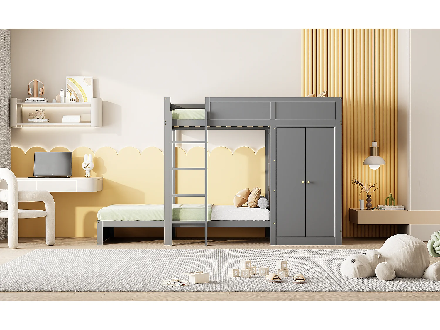 Lits superposés 2 x 90 x 200 cm avec armoire et échelle - pin + MDF - gris (sans matelas)