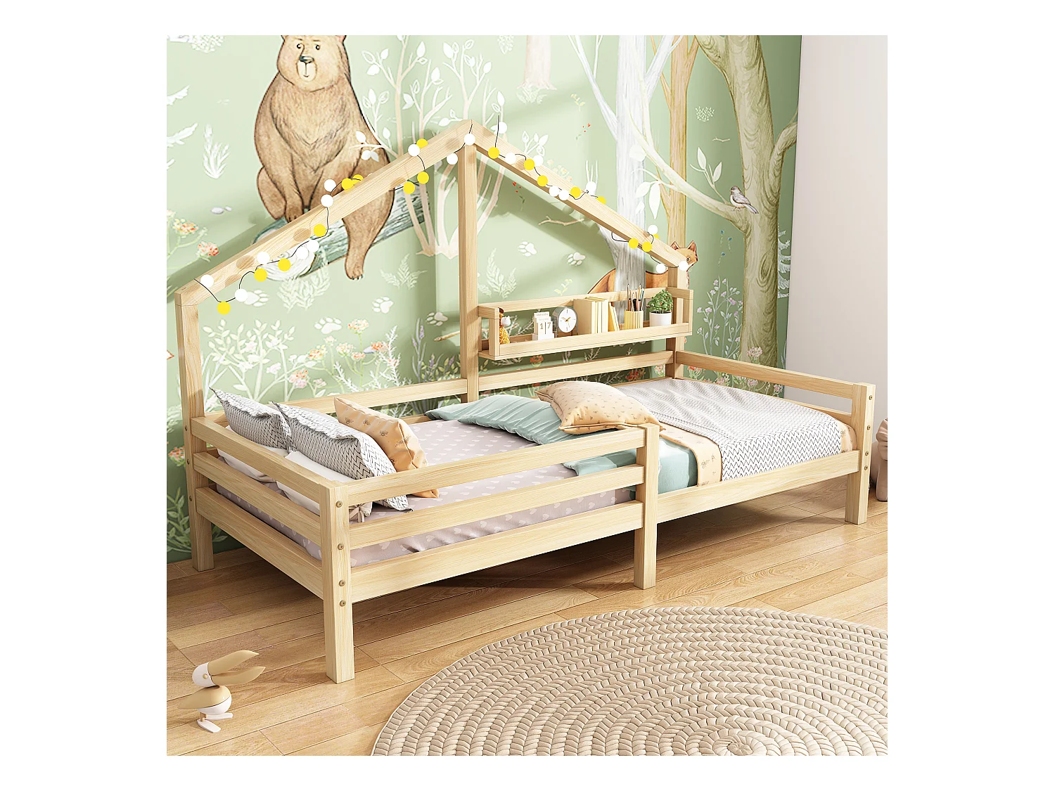 Lit cabane 90 x 200 cm avec étagère de rangement - bois de pin - sommier à lattes - naturel