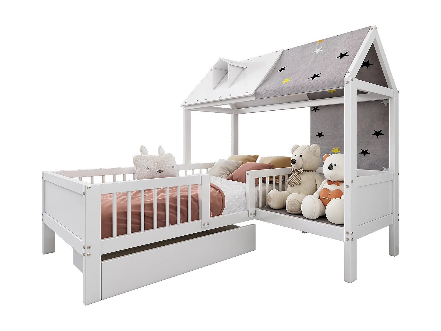 Letto a soppalco 90 x 200 cm con tetto in tessuto e un ampio cassetto - legno massiccio - bianco