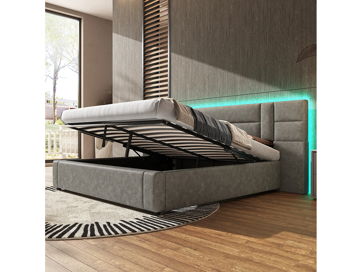 Lit coffre 180 x 200 cm avec grande tête de lit - Cuir PU - LEDs - Sommier à lattes - Gris (sans matelas)