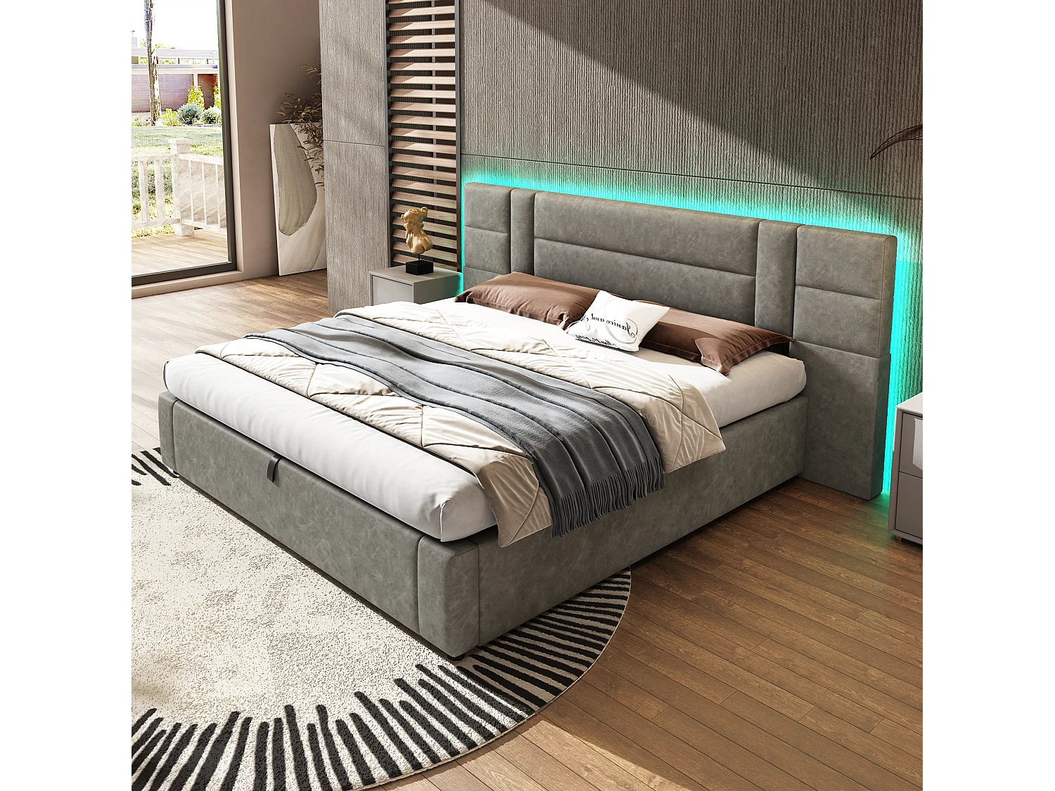 Lit coffre 180 x 200 cm avec grande tête de lit - Cuir PU - LEDs - Sommier à lattes - Gris (sans matelas)