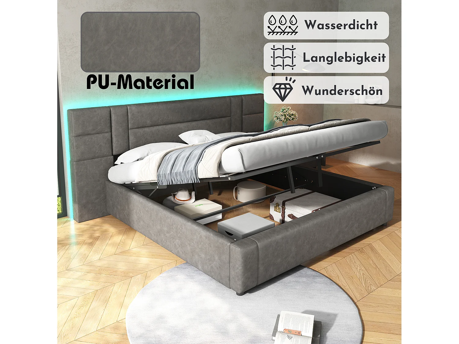 Lit coffre 180 x 200 cm avec grande tête de lit - Cuir PU - LEDs - Sommier à lattes - Gris (sans matelas)