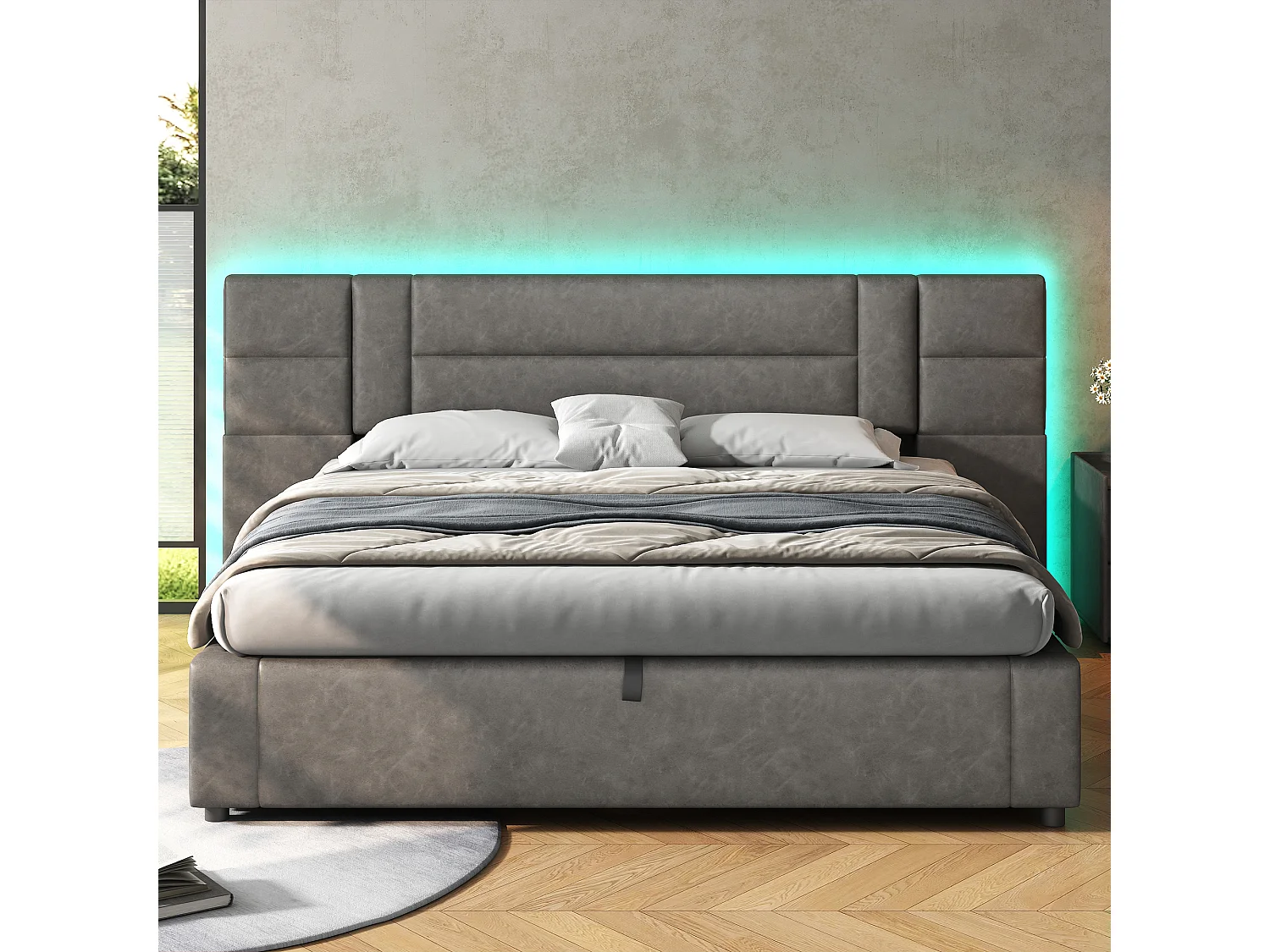 Lit coffre 180 x 200 cm avec grande tête de lit - Cuir PU - LEDs - Sommier à lattes - Gris (sans matelas)