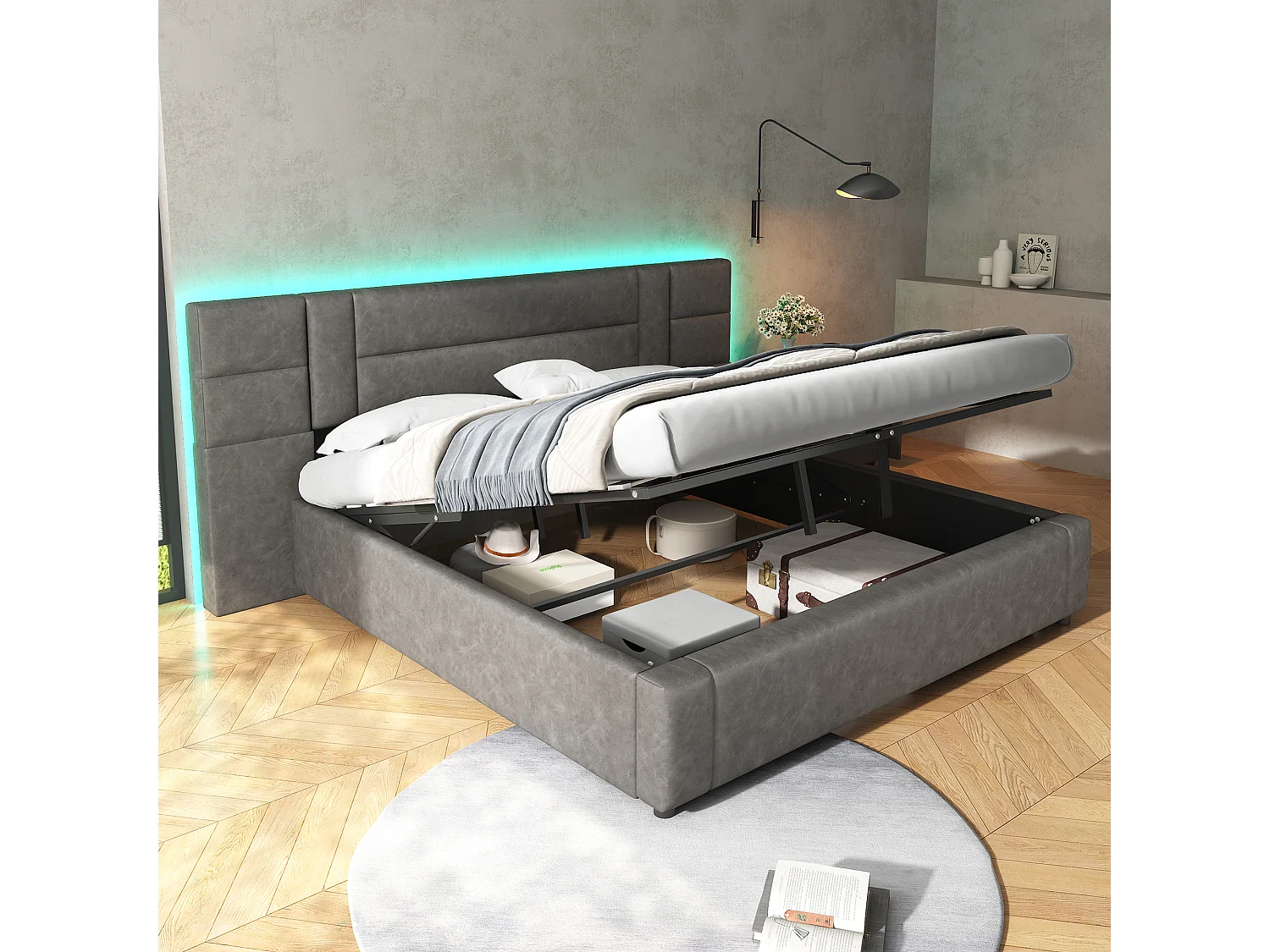 Lit coffre 180 x 200 cm avec grande tête de lit - Cuir PU - LEDs - Sommier à lattes - Gris (sans matelas)