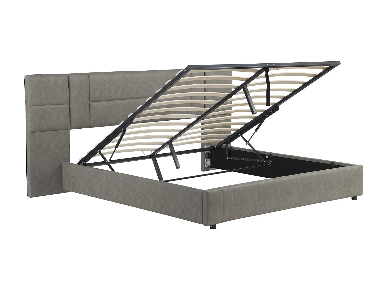 Lit coffre 180 x 200 cm avec grande tête de lit - Cuir PU - LEDs - Sommier à lattes - Gris (sans matelas)