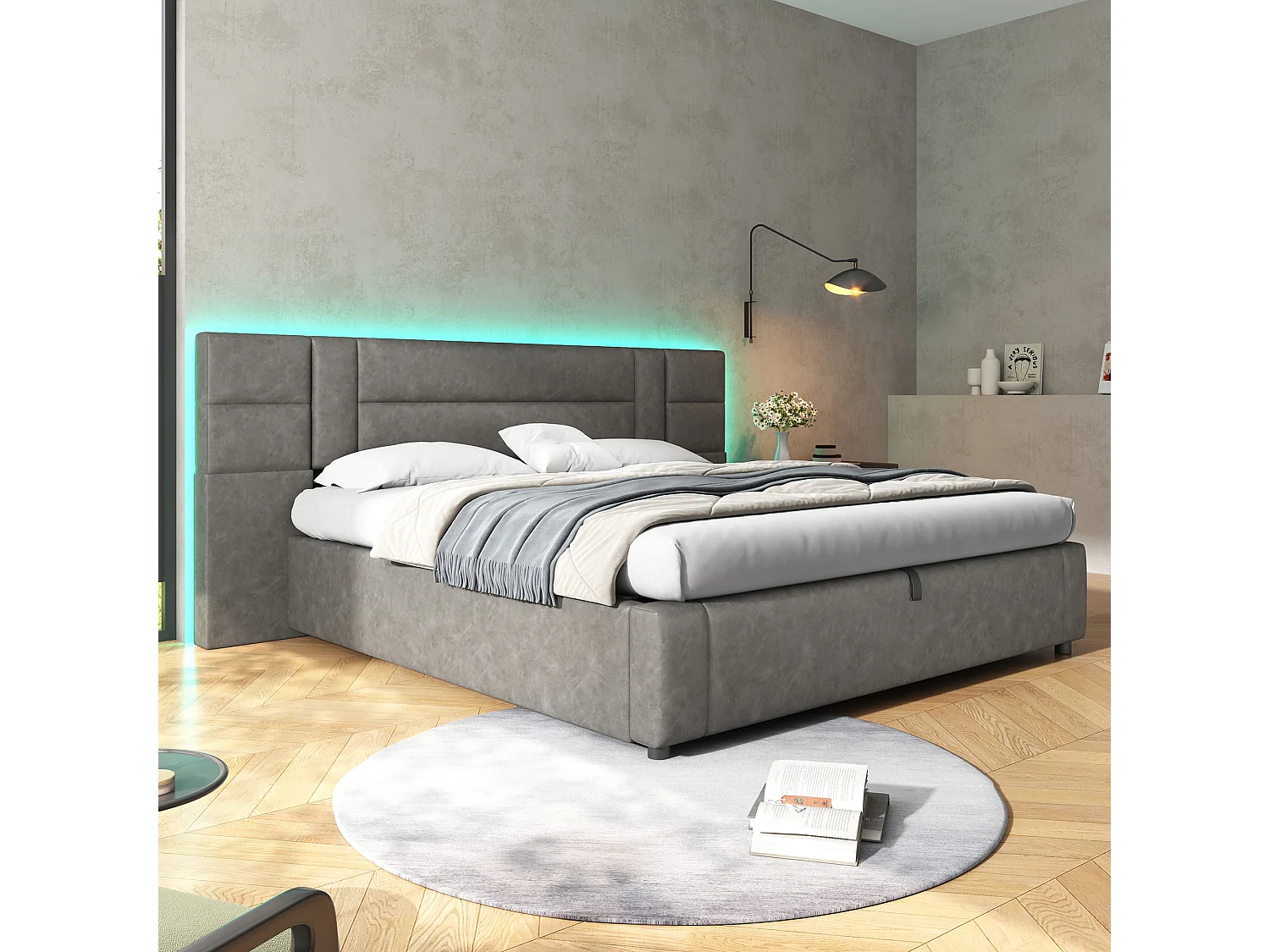 Lit coffre 180 x 200 cm avec grande tête de lit - Cuir PU - LEDs - Sommier à lattes - Gris (sans matelas)