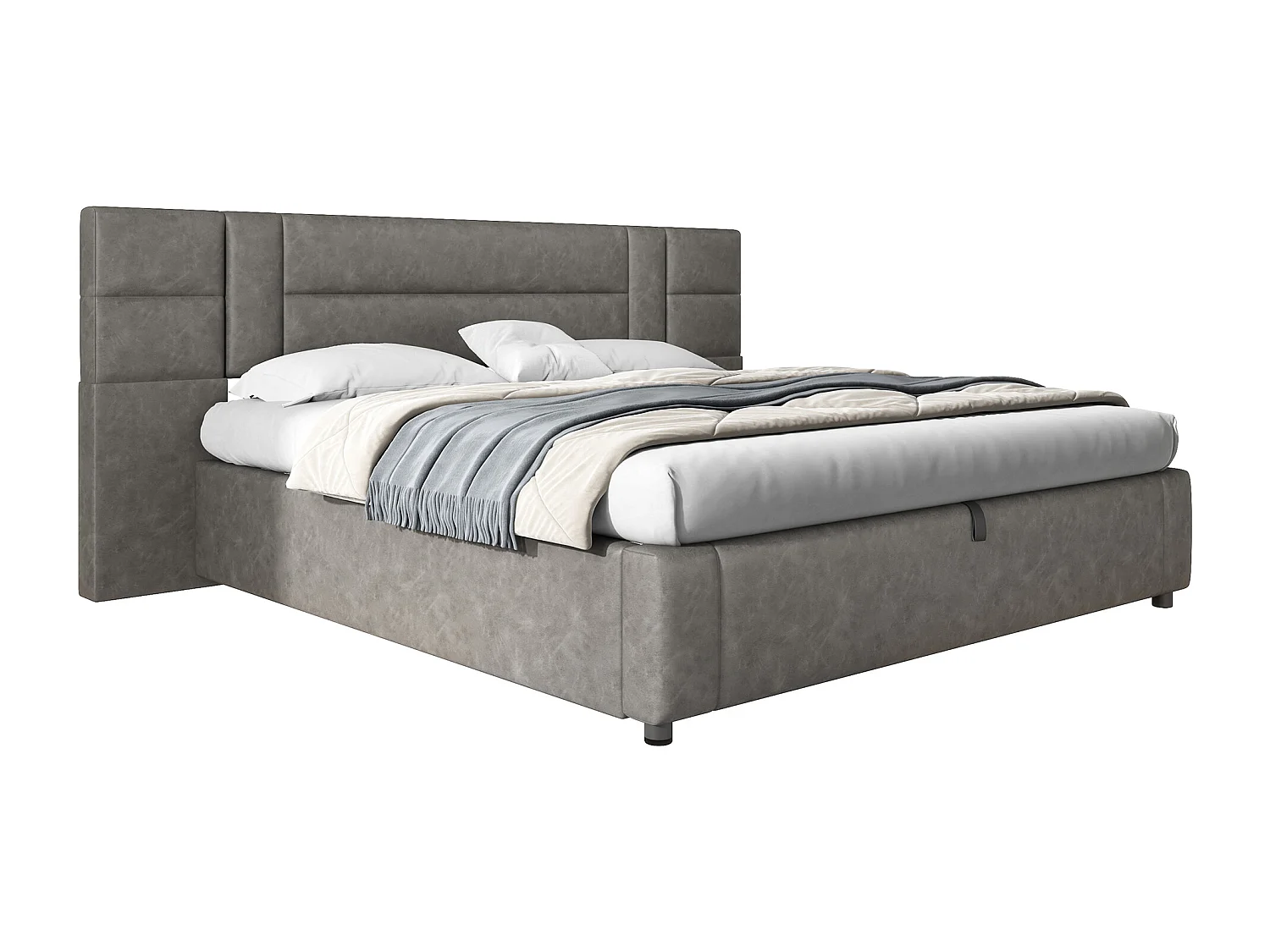 Lit coffre 180 x 200 cm avec grande tête de lit - Cuir PU - LEDs - Sommier à lattes - Gris (sans matelas)