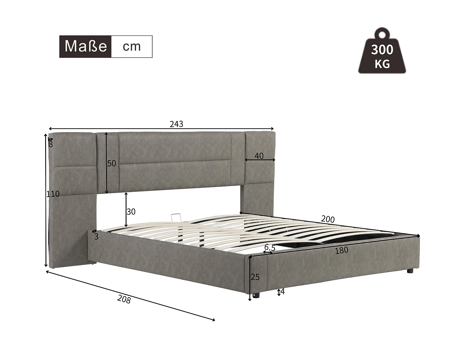 Lit coffre 180 x 200 cm avec grande tête de lit - Cuir PU - LEDs - Sommier à lattes - Gris (sans matelas)