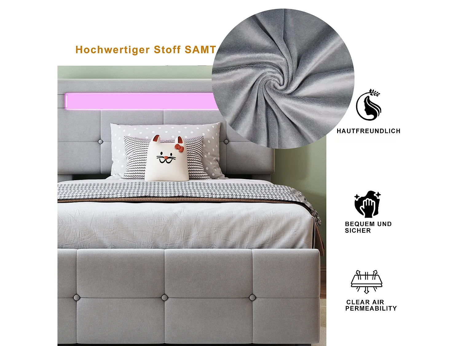 Lit coffre 90 x 200 cm avec tête de lit réglable - tissu velours - LEDs - sommier à lattes - gris (sans matelas)