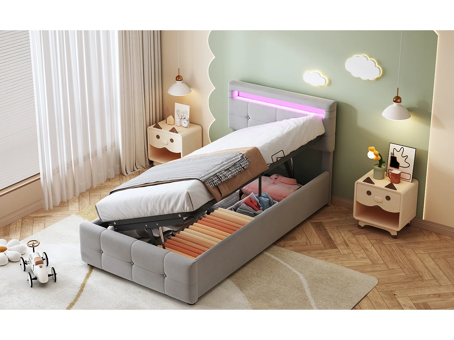 Lit coffre 90 x 200 cm avec tête de lit réglable - tissu velours - LEDs - sommier à lattes - gris (sans matelas)