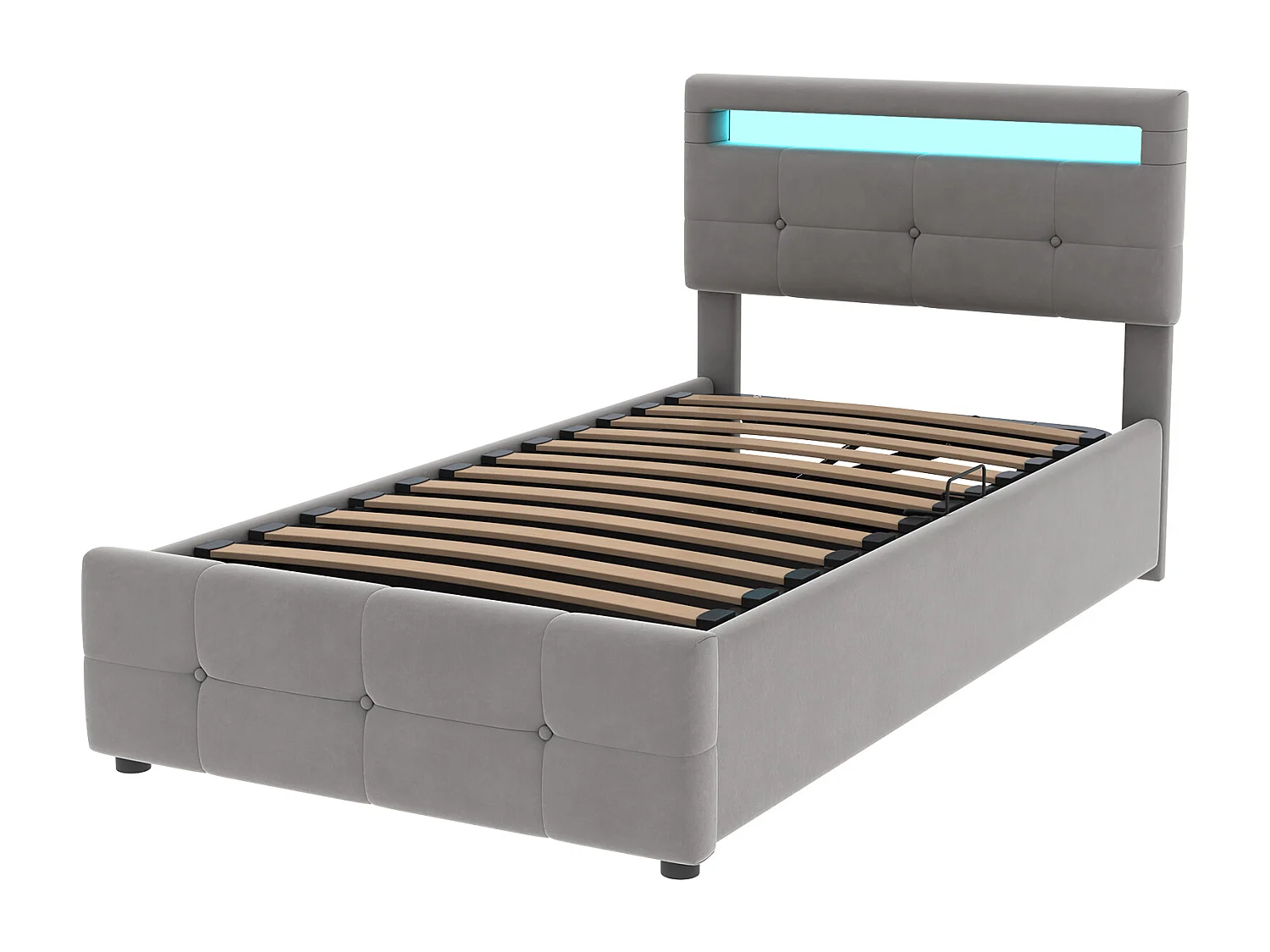 Lit coffre 90 x 200 cm avec tête de lit réglable - tissu velours - LEDs - sommier à lattes - gris (sans matelas)