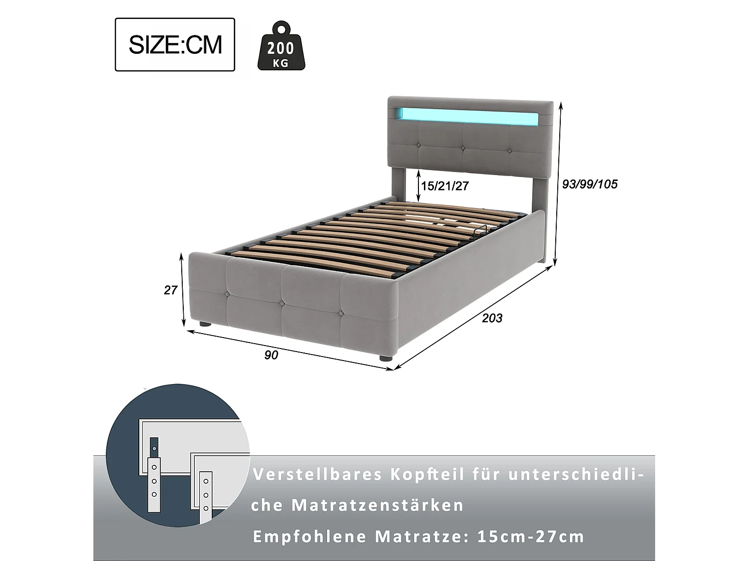 Lit coffre 90 x 200 cm avec tête de lit réglable - tissu velours - LEDs - sommier à lattes - gris (sans matelas)