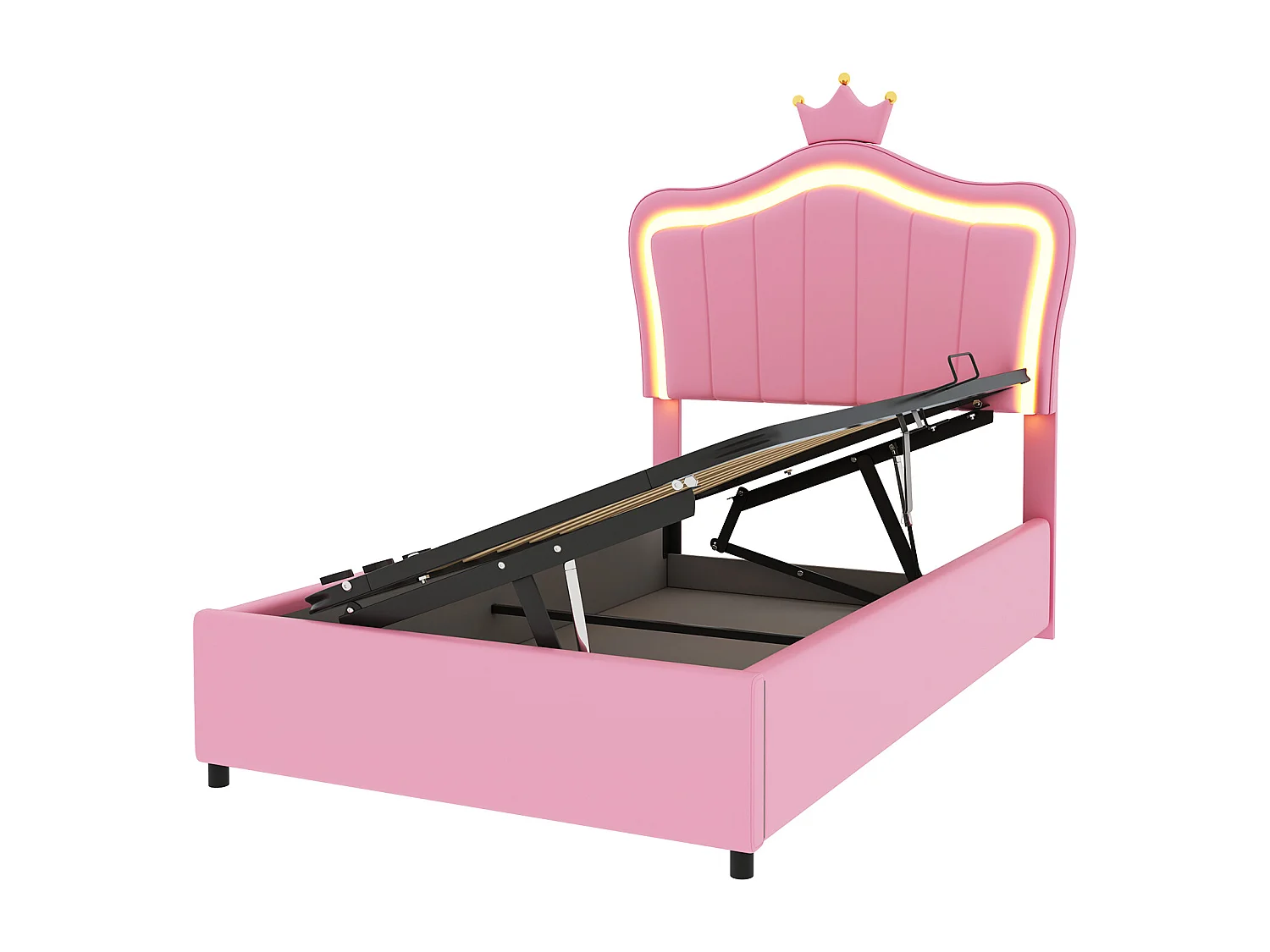 Cama de armazenamento 90 x 200 cm com cabeceira ajustável e iluminação LED - imitação de couro - padrão coroa - rosa (sem colchão)