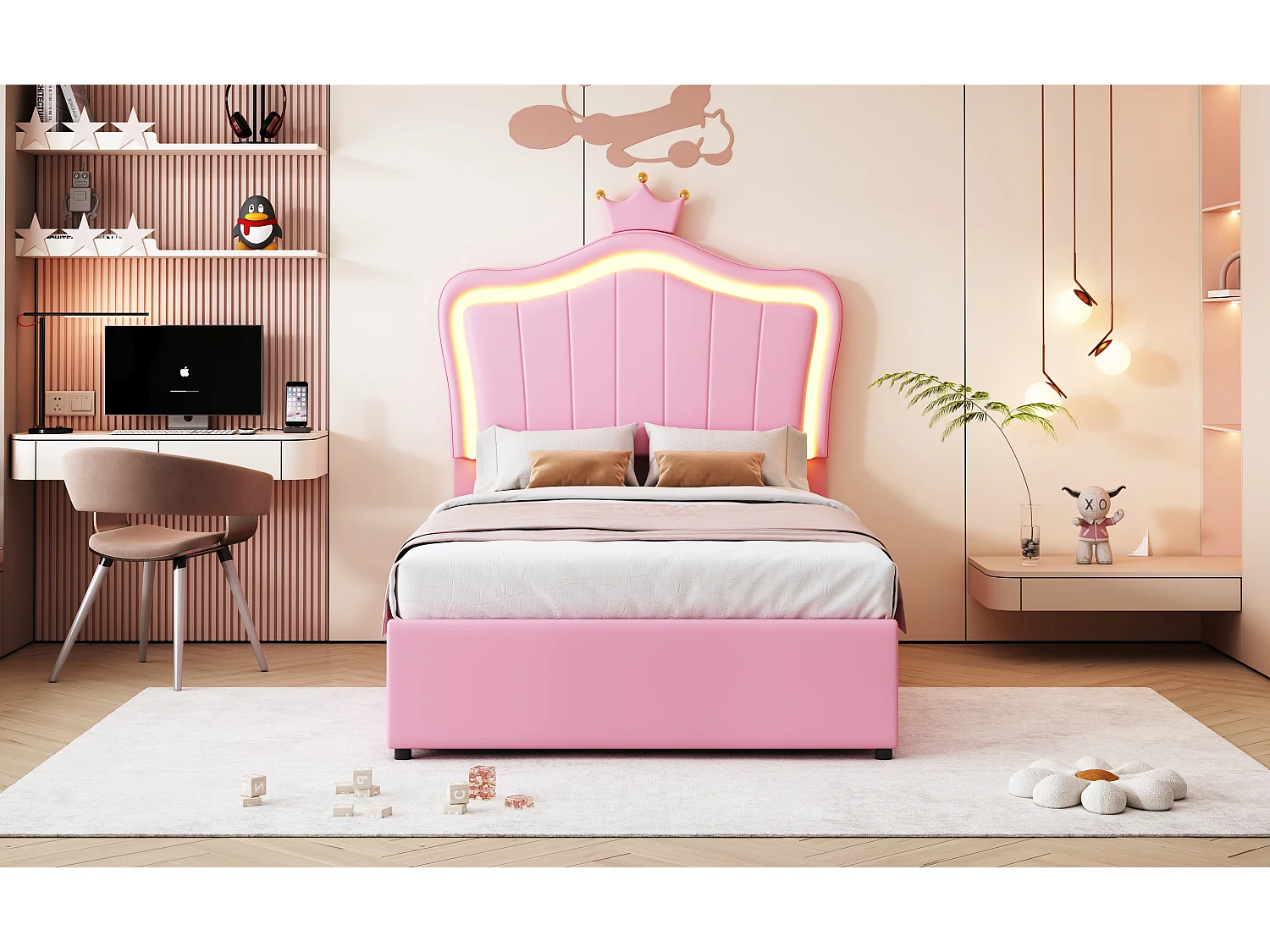 Lit coffre 90 x 200 cm avec tête de lit réglable et éclairage LED - simili cuir - motif couronne - rose (sans matelas)