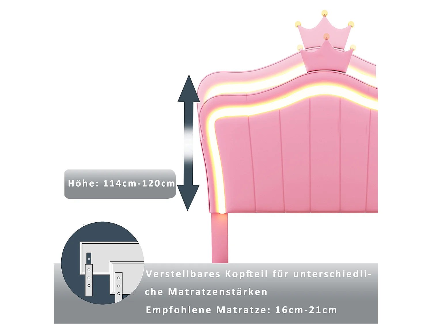 Lit coffre 90 x 200 cm avec tête de lit réglable et éclairage LED - simili cuir - motif couronne - rose (sans matelas)