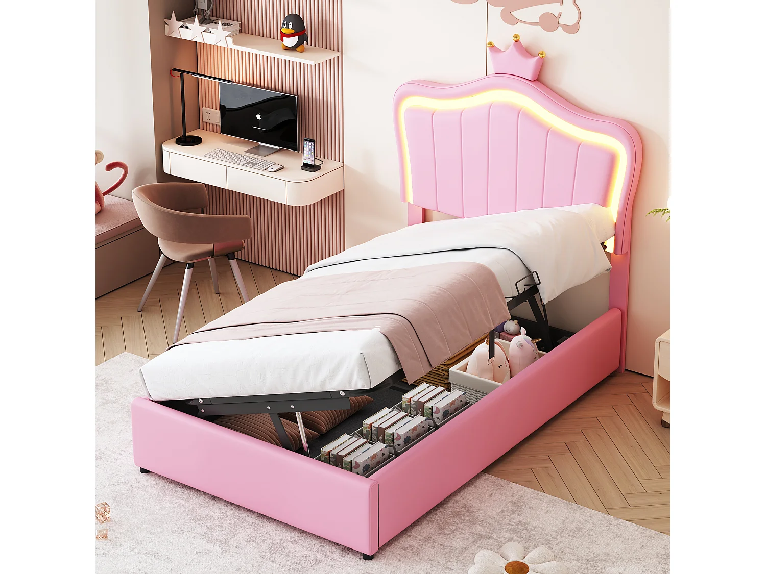 Lit coffre 90 x 200 cm avec tête de lit réglable et éclairage LED - simili cuir - motif couronne - rose (sans matelas)