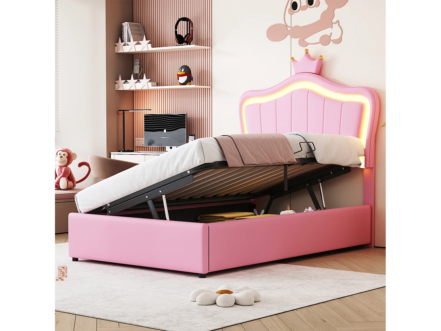 Lit coffre 90 x 200 cm avec tête de lit réglable et éclairage LED - simili cuir - motif couronne - rose (sans matelas)