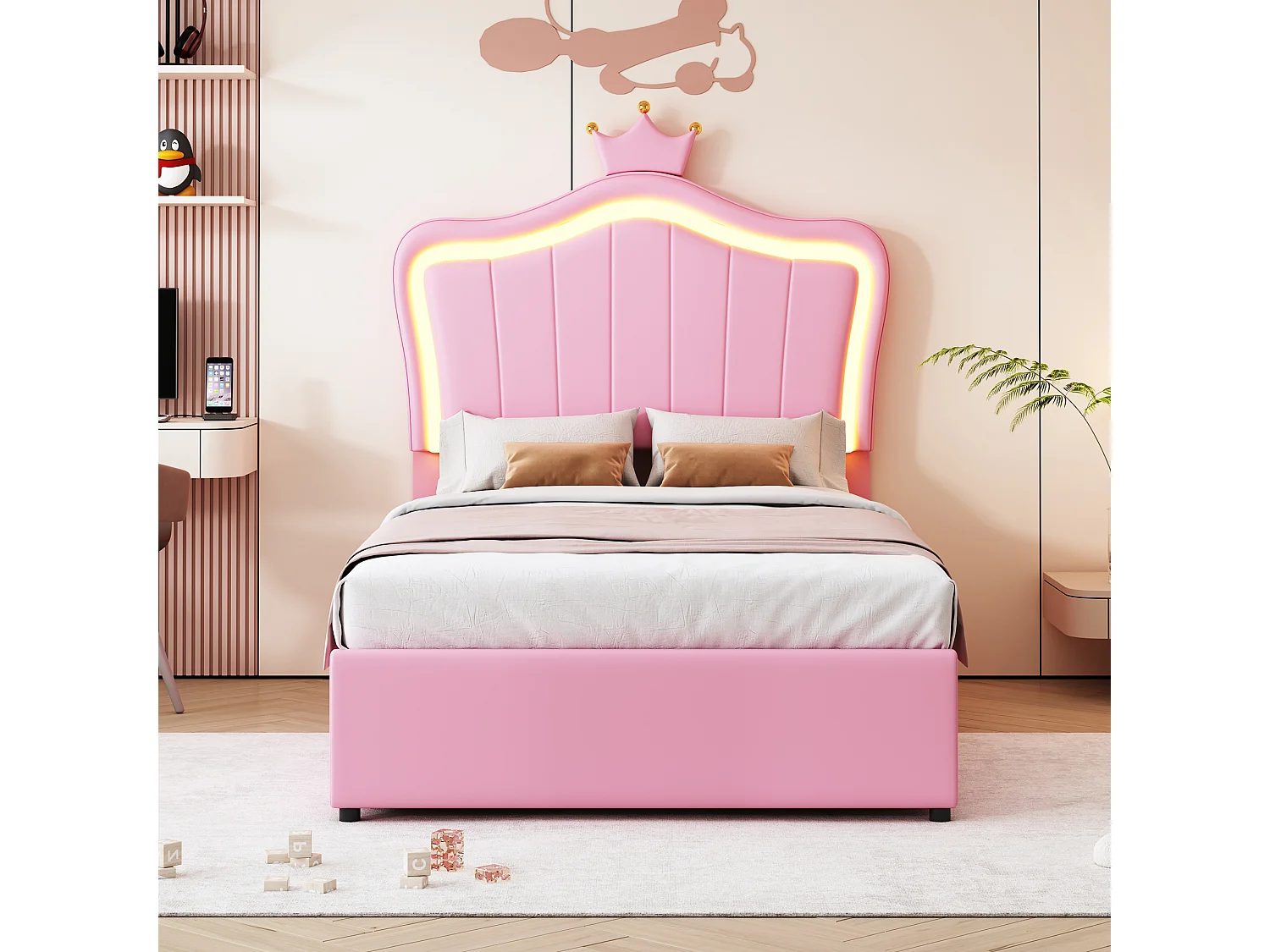 Lit coffre 90 x 200 cm avec tête de lit réglable et éclairage LED - simili cuir - motif couronne - rose (sans matelas)