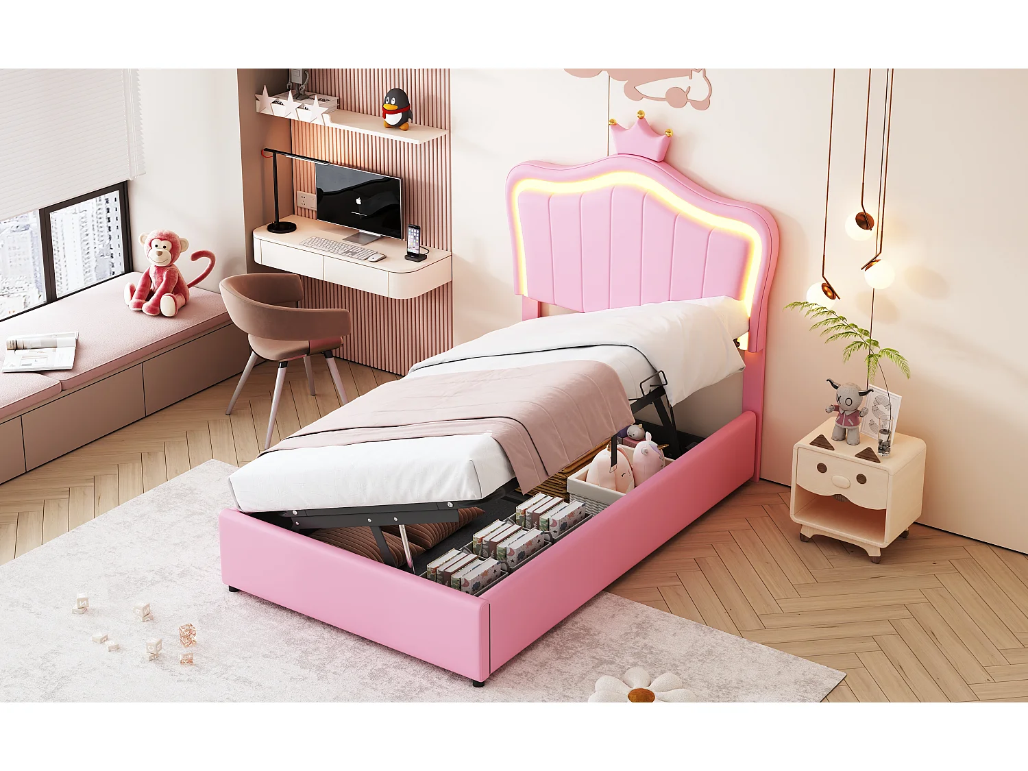 Lit coffre 90 x 200 cm avec tête de lit réglable et éclairage LED - simili cuir - motif couronne - rose (sans matelas)