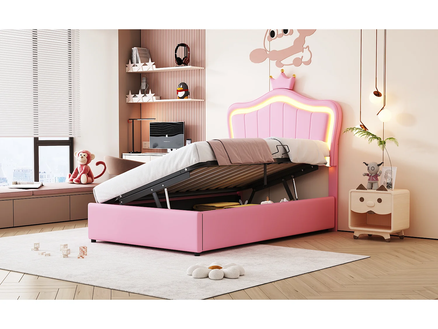 Lit coffre 90 x 200 cm avec tête de lit réglable et éclairage LED - simili cuir - motif couronne - rose (sans matelas)