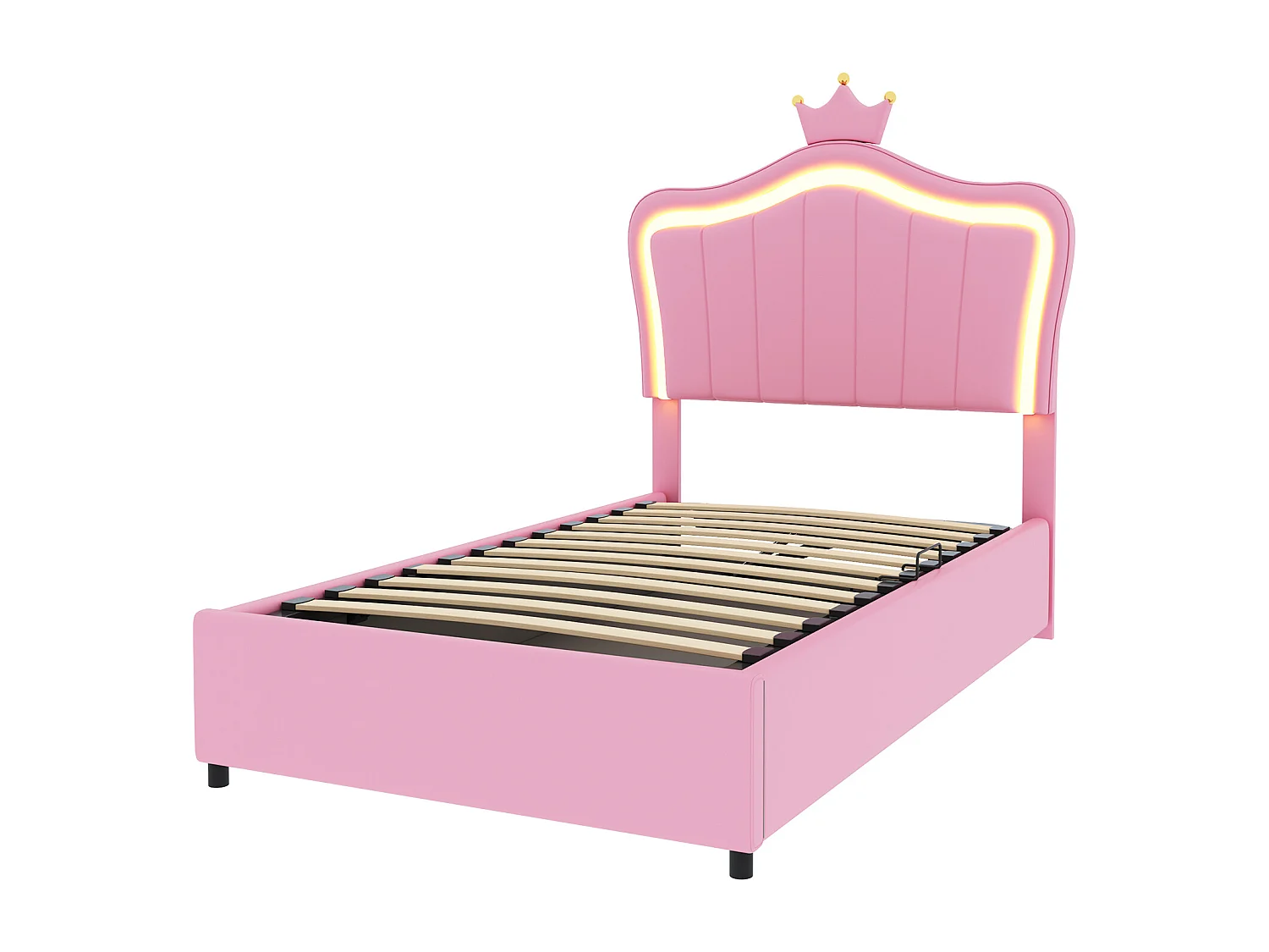 Lit coffre 90 x 200 cm avec tête de lit réglable et éclairage LED - simili cuir - motif couronne - rose (sans matelas)