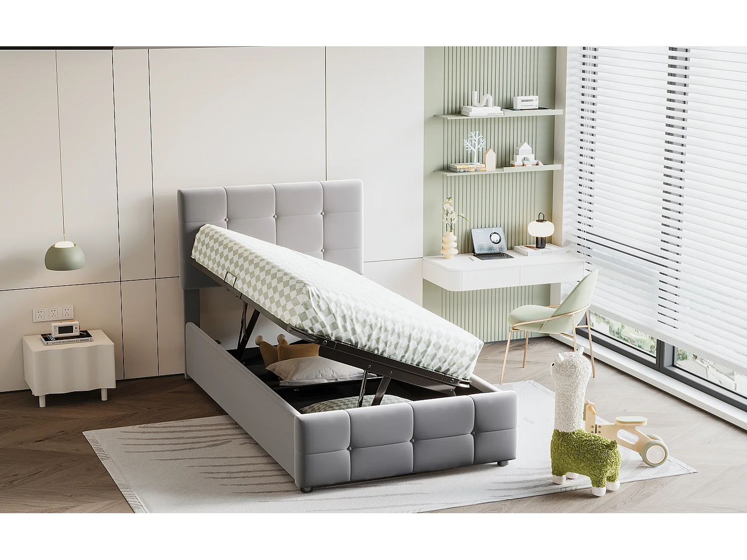 Lit coffre 90 x 200 cm avec tête de lit réglable - tissu velours - sommier à lattes - gris (sans matelas)