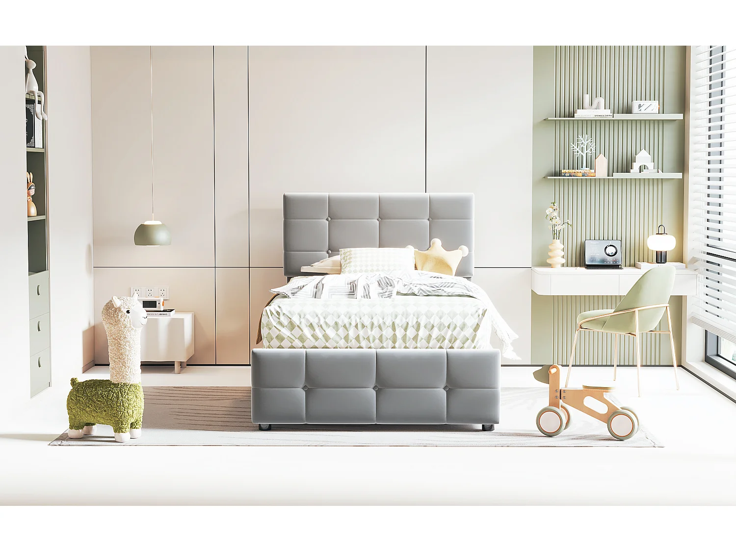 Lit coffre 90 x 200 cm avec tête de lit réglable - tissu velours - sommier à lattes - gris (sans matelas)