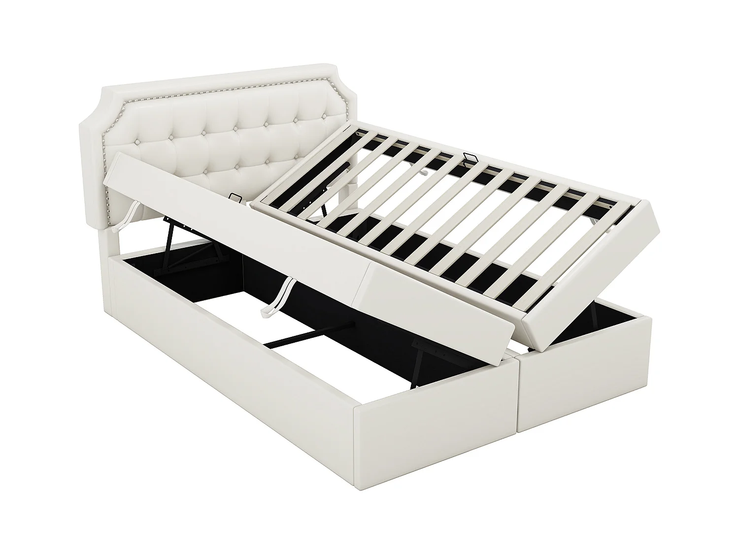 Cama de armazenamento 140 x 200 cm com cabeceira e decoração de botões - couro PU - abertura em ambos os lados - cor branca