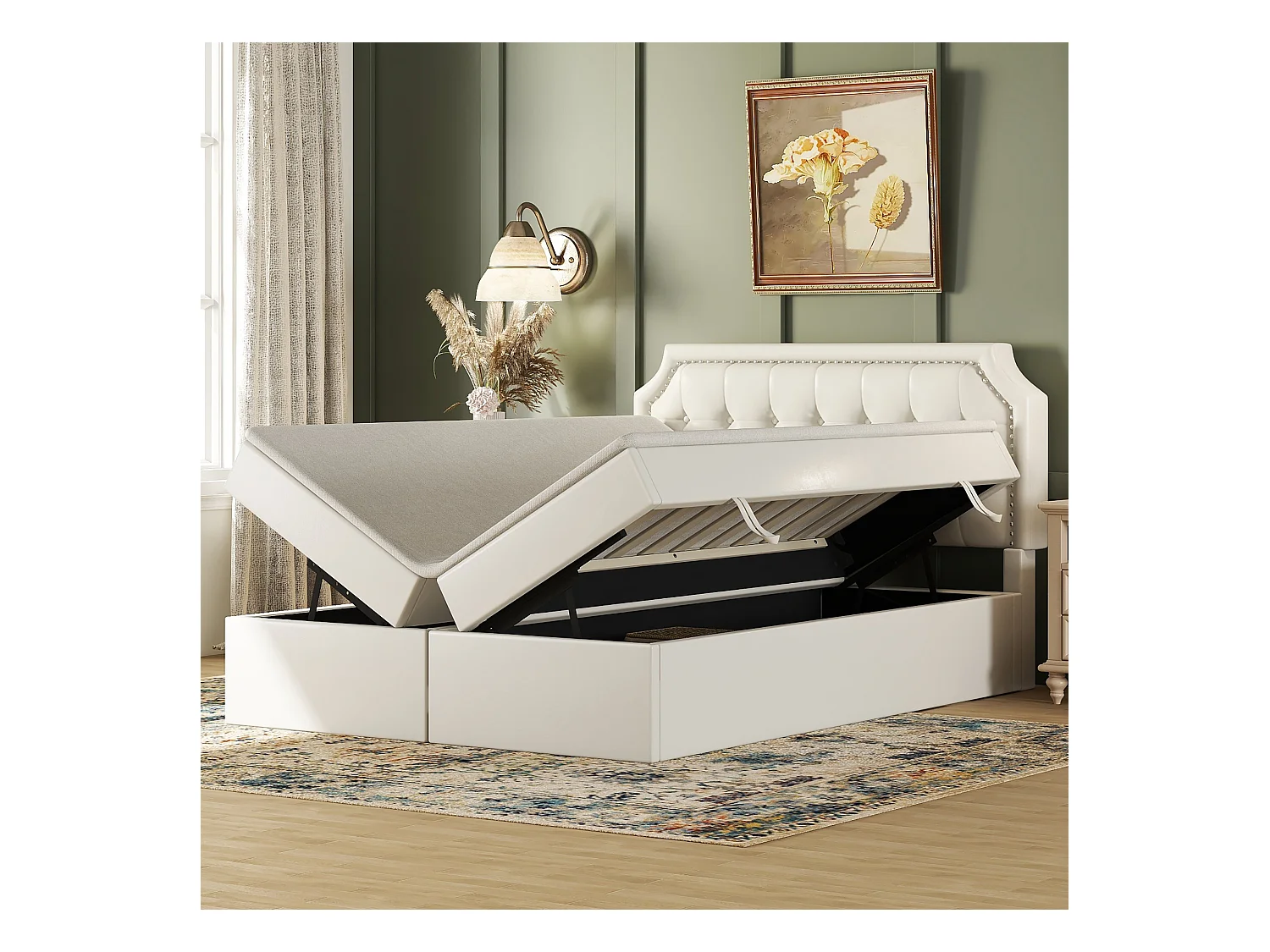 Lit coffre 140 x 200 cm avec tête de lit et décor boutons - cuir PU - ouvrant des deux côtés - coloris blanc