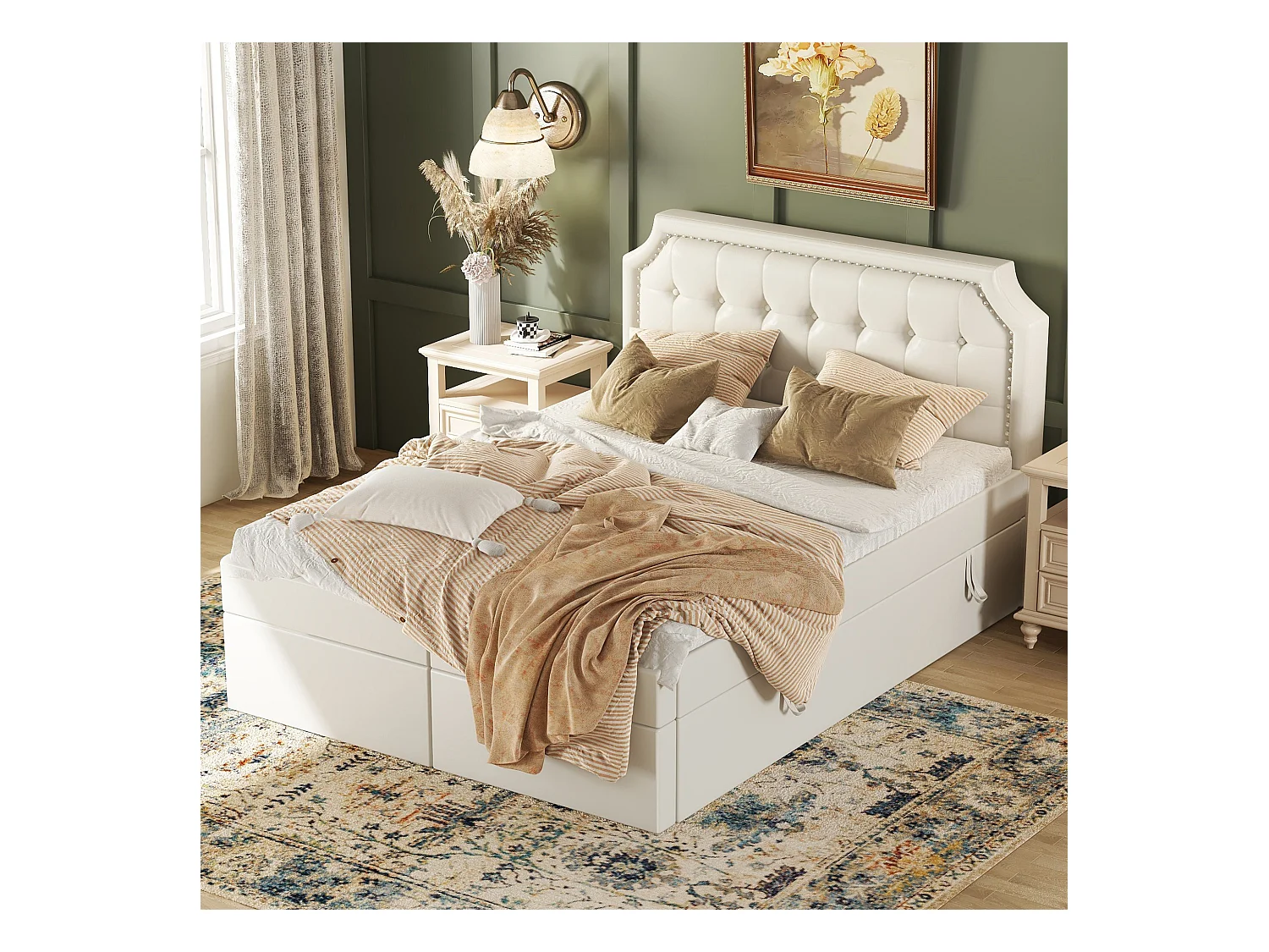 Letto contenitore 140 x 200 cm con testiera e decorazione con bottoni - pelle PU - apertura su entrambi i lati - colore bianco