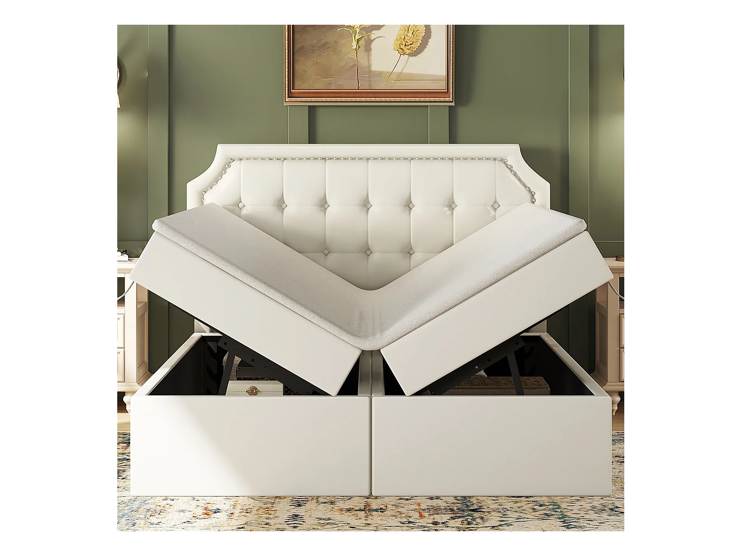 Letto contenitore 140 x 200 cm con testiera e decorazione con bottoni - pelle PU - apertura su entrambi i lati - colore bianco