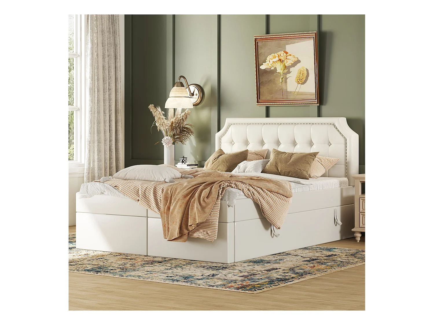 Letto contenitore 140 x 200 cm con testiera e decorazione con bottoni - pelle PU - apertura su entrambi i lati - colore bianco