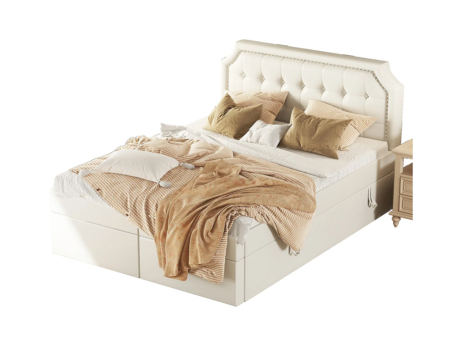 Letto contenitore 140 x 200 cm con testiera e decorazione con bottoni - pelle PU - apertura su entrambi i lati - colore bianco
