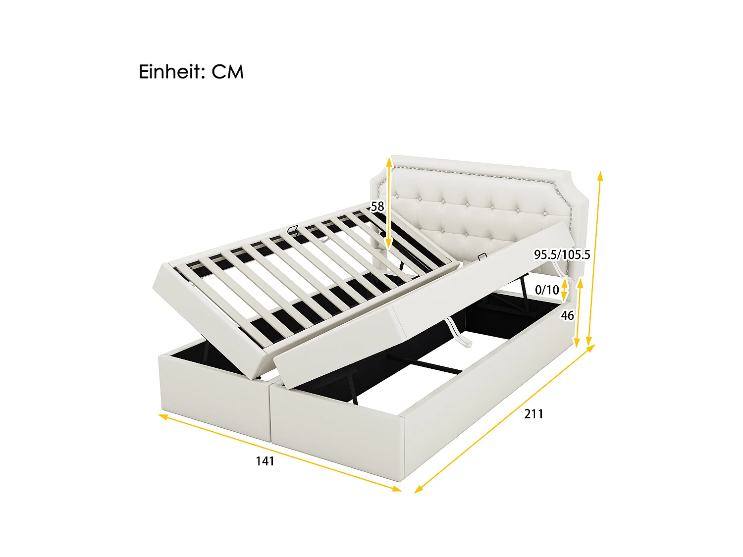 Letto contenitore 140 x 200 cm con testiera e decorazione con bottoni - pelle PU - apertura su entrambi i lati - colore bianco