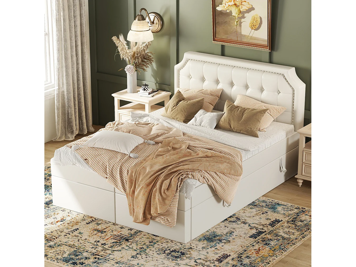 Lit coffre 140 x 200 cm avec tête de lit et décor boutons - cuir PU - ouvrant des deux côtés - coloris blanc