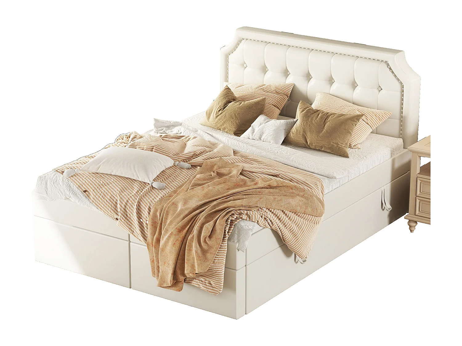 Lit coffre 140 x 200 cm avec tête de lit et décor boutons - cuir PU - ouvrant des deux côtés - coloris blanc