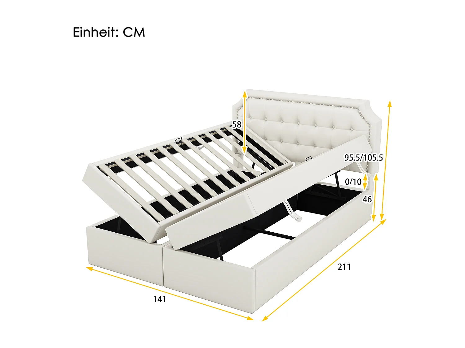 Lit coffre 140 x 200 cm avec tête de lit et décor boutons - cuir PU - ouvrant des deux côtés - coloris blanc