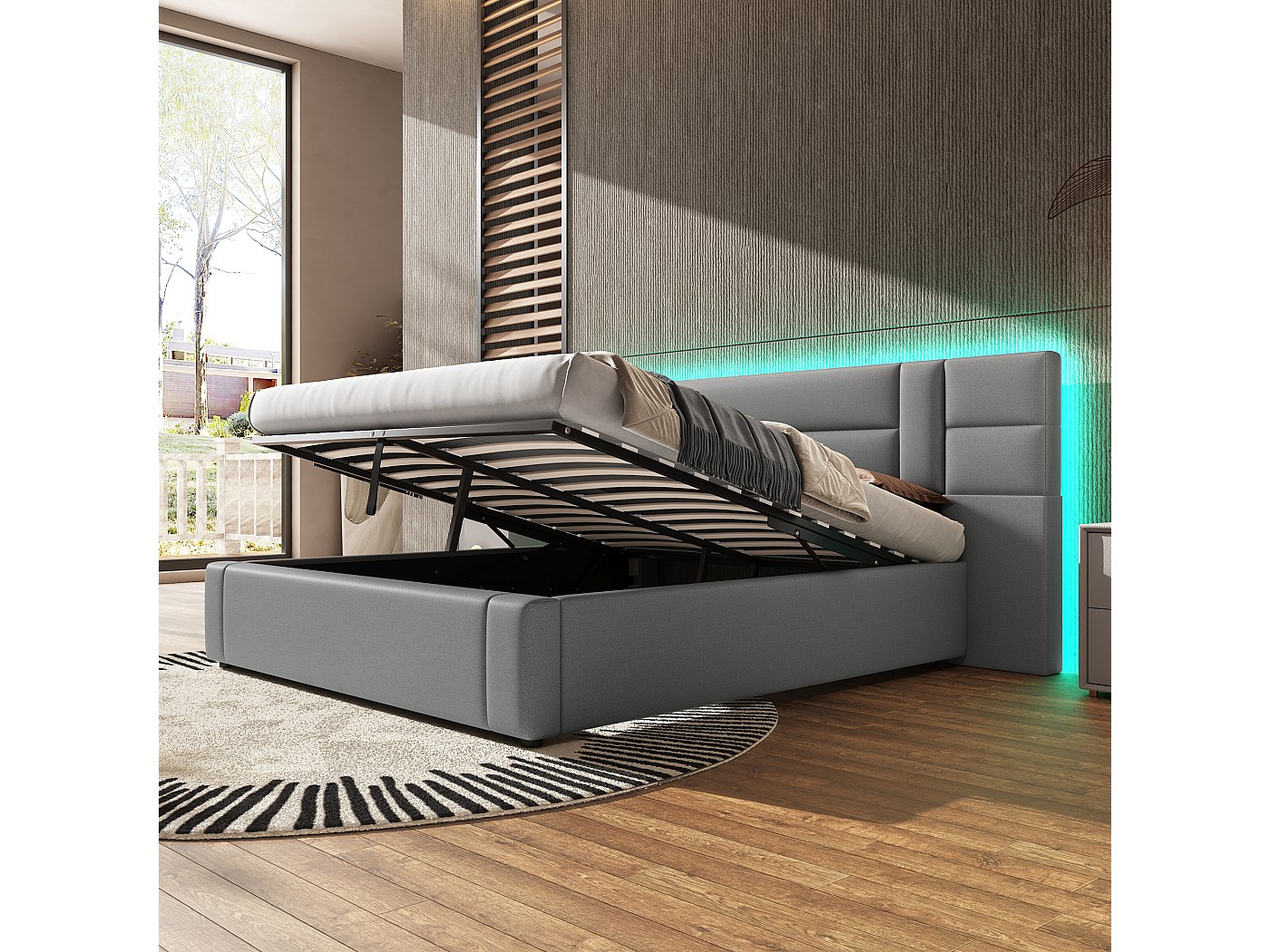 Lit coffre 160 x 200 cm avec grande tête de lit - Cuir PU - LEDs ...